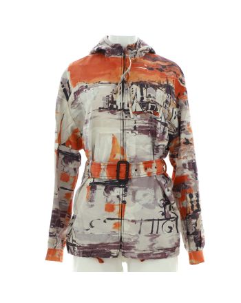 Women's Hooded Belted Jacket Printed Silk