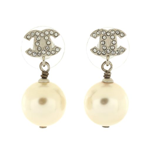 CC Drop Earrings Metal with Crystals and Faux Pearls